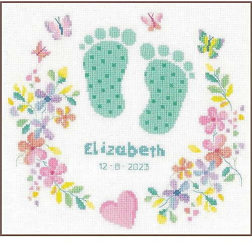 Vervaco Gezählter Kreuzstich Stickpackungen Stickset Baby Geburt Babyfüße Wanddekoration Handarbeit Set für Erwachsene Kreatives Handwerk ca. 27 x 25 cm Geburt Geschenk Hausdeko