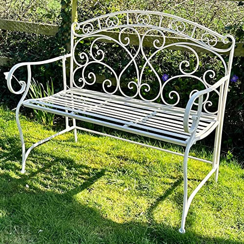 Darthome White Garden Bench 2 Seat Metal Antique French Country Shabby Chic Outdoor Chair 105cm