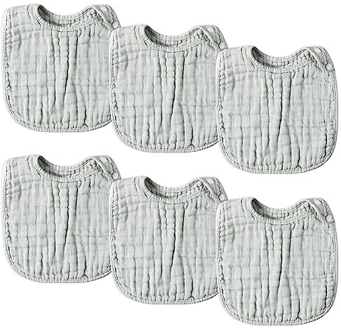 WATINC 6Pcs Baby Muslin Bibs, grau Neugeborene Baumwolle Sabber absorbierende Lätzchen mit verstellbaren Druckknöpfen, atmungsaktive Tücher für Kleinkinder Zahnen Fütterung Entwöhnung (0-36 Monate)