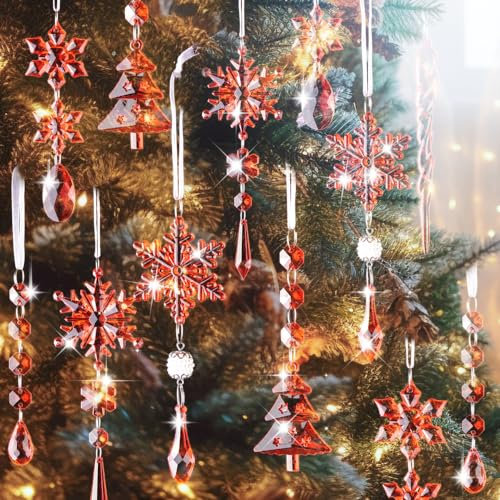 Lanpn 26 Stück Weihnachten Deko Kristall Christbaumschmuck Anhänger, Acryl Schneeflocken Eiszapfen hängende Ornamente, Weihnachtsbaumanhänger Weihnachten Party Hochzeit Neujahr Dekoration Rot