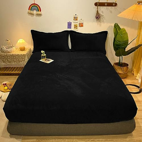 Warme Winter Spannbettlaken Bettlaken Fleece 200x200 Schwarz Flausch Cashmere Touch Teddy Plüsch Flanell Kuschelige Flauschige Bett Spannbetttuch Weich für Boxspringbetten Topper 30 cm Hohe Matratzen