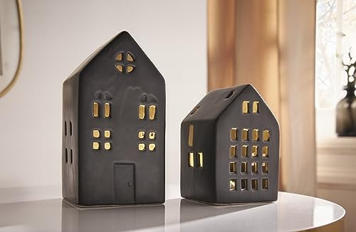 2X Haus Black aus Porzellan, schwarz matt, mit LED-Beleuchtung, Leuchtdeko, Dekohaus, Dekofiguren-Set beleuchtet