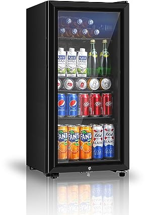 Saeoola - Frigorifero per bevande, mini frigorifero da 91 l con doppia porta in vetro, refrigeratore per bibite, birra o vino per casa, ufficio o bar con ripiani rimovibili regolabili