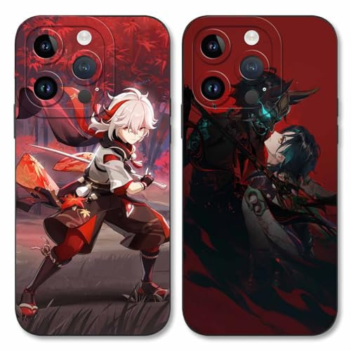 LYUBFDC 2 Stück Handyhülle für iPhone 15 PRO MAX Hülle 6.7 Zoll, Anime Motiv Genshin Impact Kaedehara Kazuha Xiao Manga Muster Schutzhülle Jungs Case Schutz der Linse Design Cover, Schwarz1