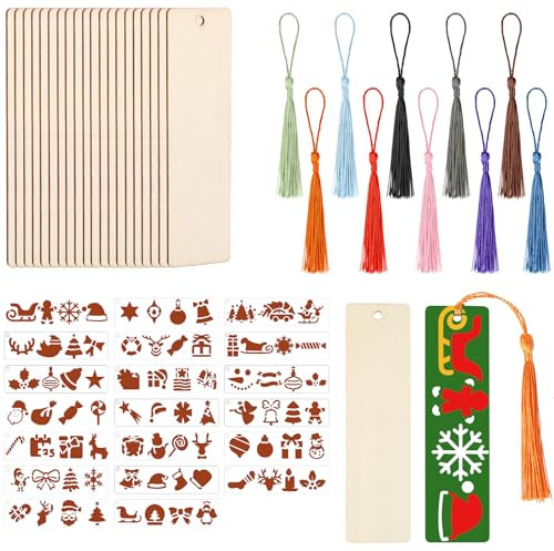 JSRQT 60 Teiliges Holz Lesezeichen Set, Blanko und Weihnachten Schablone Mit Quasten, DIY Unfertiges Hölzern Schlagworte für Weihnachten Dekor