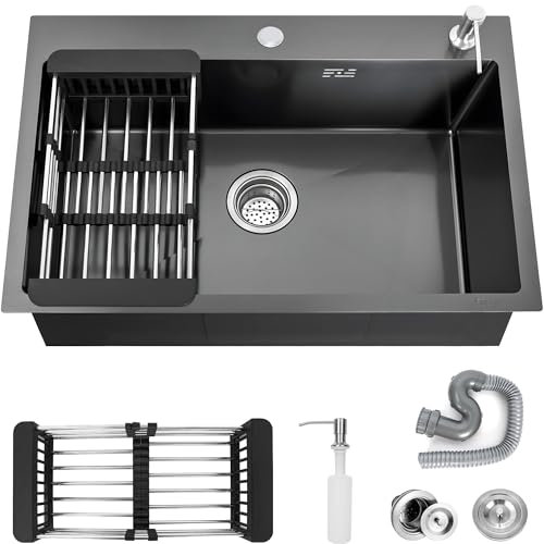 AKOZLIN Black Kitchen Sink 304 Stainless Steel Large Drop-in Single Bowl Sink with Siphon Drainer/Adjuctable Basket/Soap Dispenser/Overflow Device for Kitchen Bar Home 26.8×17.7×7.87