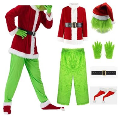 Aunaeyw Christmas Costume Set Santa Claus Hat Top Boots Green Hair Monster Mask Gloves Cosplay Costume How Stole Christmas Costume Set - Including Mask Xmas Funny Cosplay Costume Props (XL, Red-1)