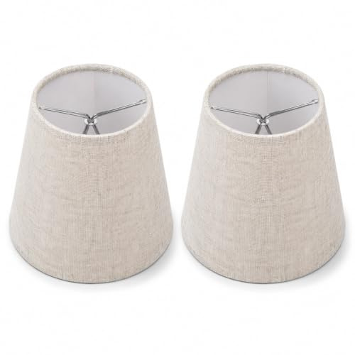 2 Stück Clip-on Lampenschirm, E14 Stoff für Tischlampe Beige Weiß | Fass-Stoff-Lampenschirm, Weiches Stoffmaterial, Blendfreies Licht, Passend Für E14 Kerzenlampen, Für Tisch- und Kronleuchter
