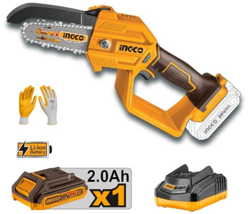 INGCO Mini motosierra a batería 20 V para poda con 1 batería 2.0 Ah y cargador, barra de 5 pulgadas 13 cm, velocidad de la cadena 5 m/seg, línea P20S
