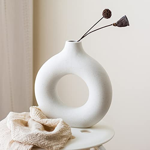 Vasen Deko, AUHOU Matt Blumenvasen aus Keramik für Wohnungsdeko Tischdecko, Trockenblumen Vasen, Beige Vase, Donut Vase, Deko Wohnzimmer, Modern Keramikvase, Deko Höhe Vasen(S New)