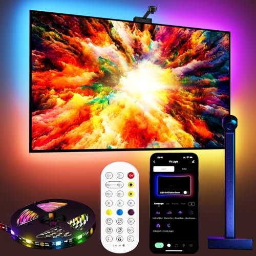 Fayerkar Retroiluminación de TV 3 Lite con función de corrección de ojo de pez, sincronización para televisores de 55 a 75 pulgadas, tira LED RGB de 5 m RGBICW WiFi TV con cámara, 4 colores en 1
