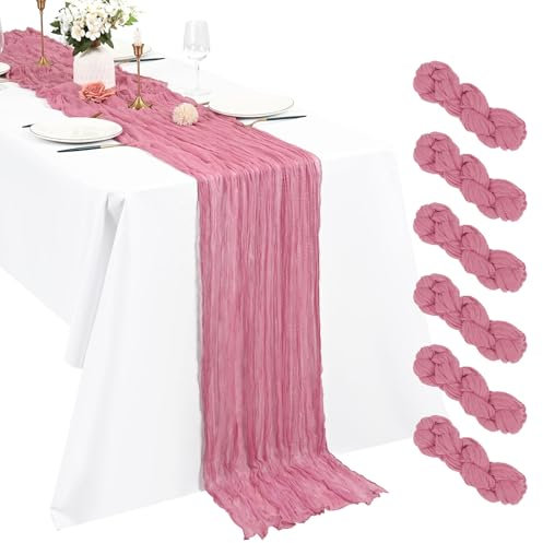 Lot de 6 Chemins de Table en étamine Chemin de Table Bohème en Gaze de 55 x 300 cm, Chemin de Table Rustique et Romantique pour fête de Mariage Thanksgiving décoration de Noël (Rose Poussiéreux)