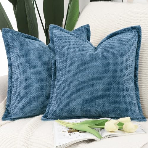 Madizz 2er Set Chenille Samt mit Rand Kissenbezüge Weiche Dekorativ Zierkissenbezüge Modern Kissenhülle für Sofa Wohnzimmer Schlafzimmer Dunkelblau 50x50 cm