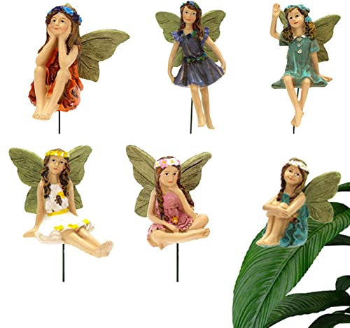 Vuggdt Miniatur-Feen-Figuren, Blumenfeen, Gartenfiguren, Kunstharz, bunte Feenmädchen-Ornamente, Blumenfee, Pixies-Statue für den Außenbereich, Garten, Topfpflanzen-Dekoration, 6 Stück