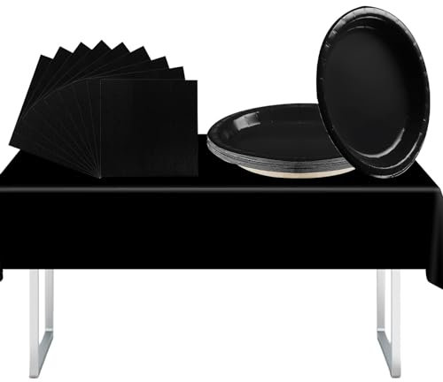 37Pcs Black Party Tableware Set with Plastic Black Table Cloth Party,Paper Party Plates and Napkins Serviettes for Black Party Supplies Decorations,Picnic,Halloween,Christmas,Kids Adult Birthday Party
