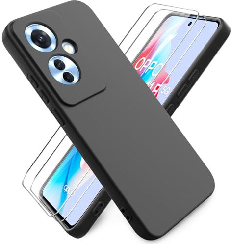 Ikziwreo - Funda para OPPO Reno11 F 5G, con 2 Pack Protector de Pantalla de Vidrio Templado, Carcasa de Silicona Suave Ultrafina, a Prueba de Golpes y Caídas - Negro