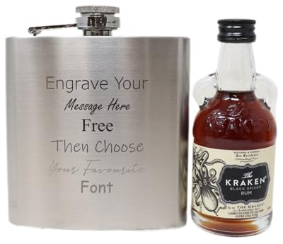 Personalised Silver Hip Flask & Miniature Alcohol (Black Spiced Rum/No Gift Box)