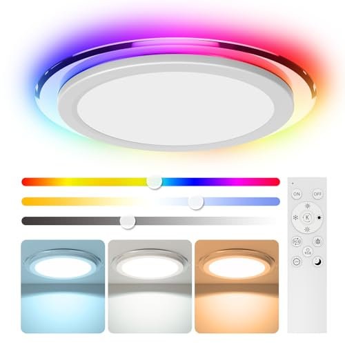 Aphyni 32cm LED Ceiling Light 3000-6500K, 23W 2800LM Waterproof Bathroom Light Dimmable with RGB Color Changing Planet Ring, Flush Round Ceiling Lights for Kitchen Bedroom Hallway with Remote & App