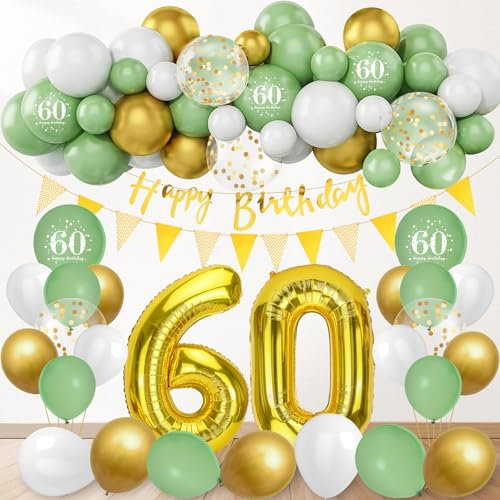 60. Geburtstagsdeko, 84 Stück Geburtstag Deko Frau Mann mit Banner, Riesen Folienballon Zahl 60, Avocado Grüne Gold Luftballons Party Ballons Tortendeko für 60 Geburtstag Dekoration