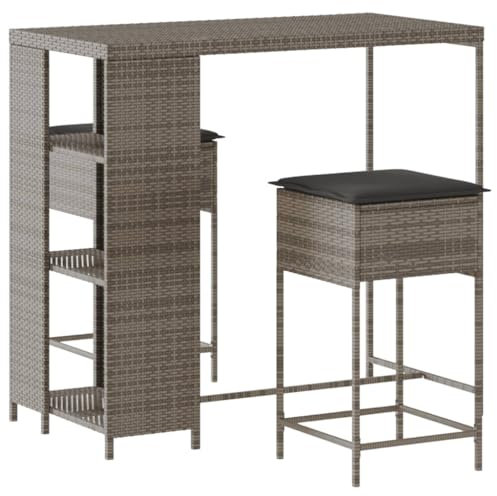 vidaXL Gartenbar Set 3-TLG., Gartenmöbel mit Kissen, Bartisch Stehtisch Barhocker Barstuhl, Theke Bar Tresen Gartentheke Sitzgruppe, Grau Poly Rattan
