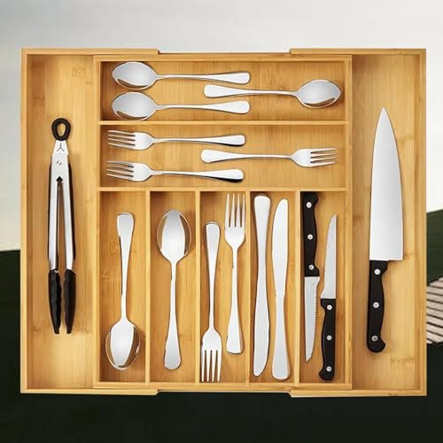 ATEK Bamboo Extending Cutlery Tray - Wooden Utensil Drawer Organiser with 6-8 Adjustable Compartments - Cutlery Trays for Kitchen Drawers Ideal for Knife Forks Spoons 33-43.2 x 43.2 x 5 cm