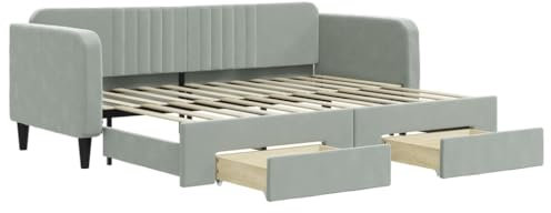 QJBSAVVA Bett Mit Matratze Bettgestell Himmelbett Gestell Palettenbett - Tagesbett Ausziehbar mit Schubladen Hellgrau 80x200 cm Samt für Gästezimmer Loft Schlafzimmer Außenbereich