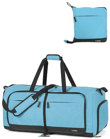Lekesky Large Foldable Travel Duffe Bag - 80L Waterproof Holdall Luggage Bag with Shoes Compartment, Weekend Overnight Sports Bag for Women and Men(Cerulean, 72 * 33 * 34cm)