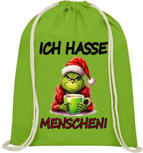 Print Deluxe Rucksack bedruckt mit Spruch, Grinch Ich hasse Menschen, Hipster, Sportbeutel, Turnbeutel, Sprüche Jute Beutel, Zuziehbeutel mit Kordeln (Grün)