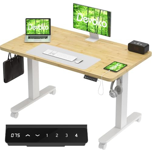 Devoko Höhenverstellbarer Schreibtisch mit 2 Motoren，25mm Einteilige Tischplatte, 120x60 cm Mobiler Elektrisch Computertisch mit Kabel Management,Bambus - Perfekte Ergonomie für Dein Büro
