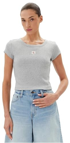 Calvin Klein Damen T-Shirt Kurzarm Woven Label Rib Baby Tee mit Rundhalsausschnitt, Grau (Bc06 Grey Heather), XXS