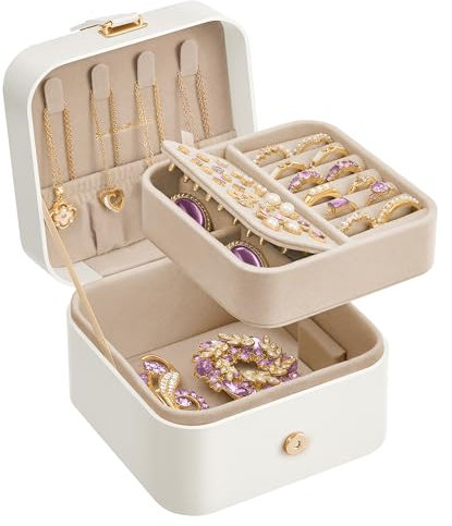 SONGMICS Schmuckkästchen, Reise-Schmuckkoffer, 2-lagiger Schmuckhalter, Organizer, tragbar, vielseitig, Ohrring-Aufbewahrung, für kleine Accessoires, Wolkenweiß UJBC185W03