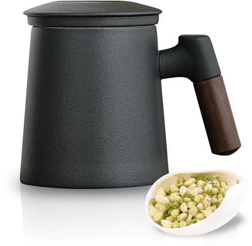 SUNOYA Teetasse mit Deckel und Sieb, 400 ml Holzgriff Teebecher mit Sieb, Matte Keramik Tasse, Teetasse mit Teesieb für Losen Tee, Handgesprühte Glasur, für Teeliebhaber und als Geschenk (A)