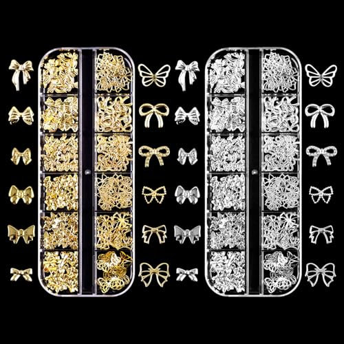 Nail Art Studs, 3D Butterfly Bow Nail Charms Gold Silver Nail Studs Punk Metal Rivet Nail Jewels Nail Art Decorations Accessories (Gold+Silver C)