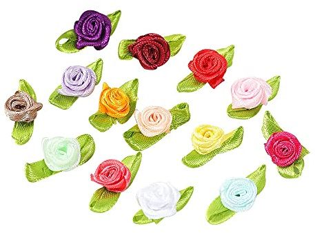 Blausky 200 Stück Künstliche Blumen Rosen Köpfe Satinrosen,Schleifen Rosen mit Blatt,Mini-Stoffrosen Satinröschen Aufnäher,Deko-Rosen Patches zum Basteln Annähen Haarschmuck 3.2x1.8cm,Bunt