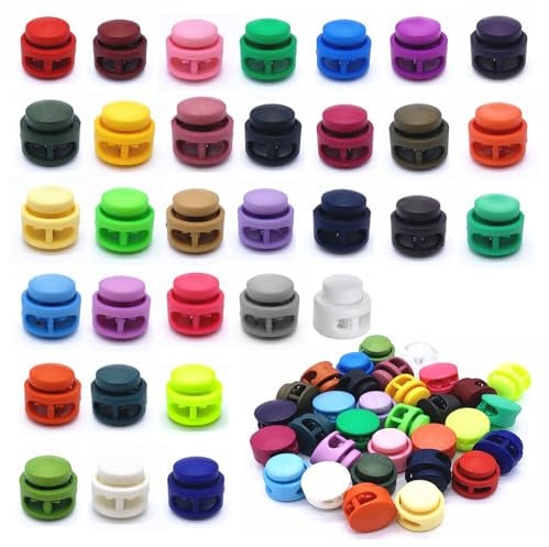 Jiujuda9 Plastic Cord Lock Toggles – 32 Assorted Colors, Double Hole Spring-Loaded Stoppers for Drawstrings, Shoelaces, Paracord, Clothing & Backpacks