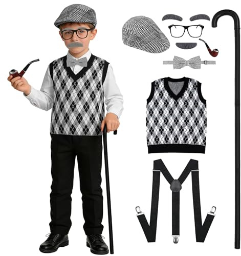 Costume da uomo anziano per bambini, 8 pezzi, costume da nonno 100 giorni di scuola anni '20, con cappello, gilet, bastone, divertente, per Halloween, Giornata mondiale del libro, feste di carnevale