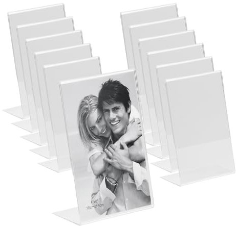 MARCOFOTO - Set de 12 Soportes Acrilico de Sobremesa - Soporte para Letreros, Porta Menus, Porta Poster y Expositor de Carteles de Metacrilato - Transparente Vertical para Oficina (10X15 cm - x12)
