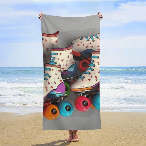 Strandtuch mit Retro-Rollschuhen, bunt, 78,7 x 160 cm, übergroßes, leichtes Handtuch für Erwachsene, Reisen, Pool, Fitnessstudio und Sport, sandfrei, schnelltrocknendes Badetuch, Strandutensilien, Z