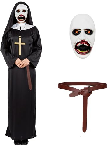 SERTAS Nonnen Kostüm Damen,Horror Halloween Nonnen Kostüm, Mittelalter Faschingskostüme mit Haube Scary Maske Kreuz Halskette Gürtel, für Halloween Karneval