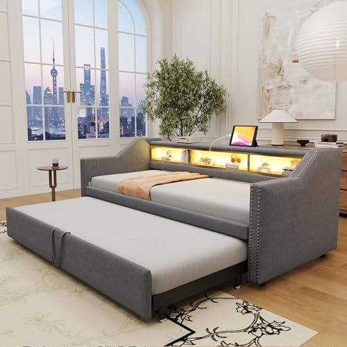 Polsterbett Ausziehbares Bett 90/180x190, Bettgestell mit LED Beleuchtung&USB Anschlüssen&3 Ablagefächern, Tagesbett Einzelbett Doppelbett Funktionsbett Gästebett, Leinen, Ohne Matratze, Dunkelgrau