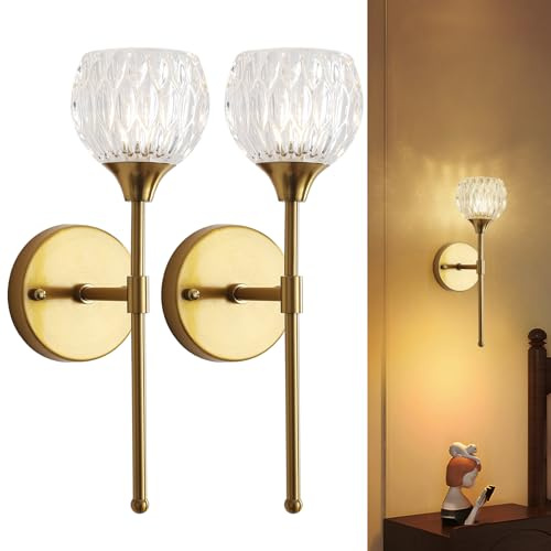 LXWNYY Mid-Century Modern Wandleuchten 2er Set - Gold gebürstetes Messing mit Kristallakzenten und klarem Glas, lange, schmale Leuchten für Schlafzimmer, Nachttisch, Wohnzimmer