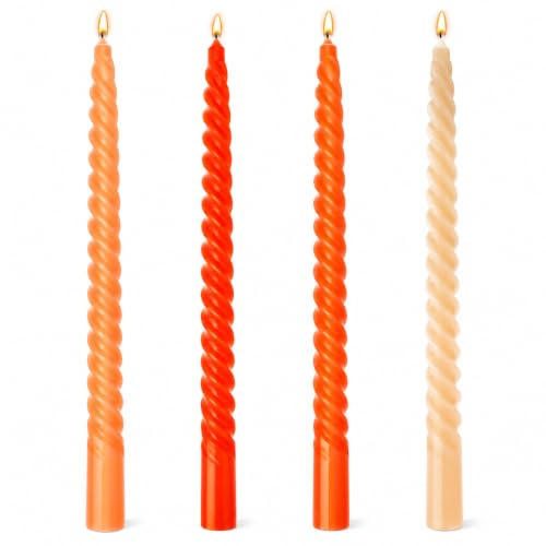 Bolosa Pack of 4 Twisted Orange Taper Candles, 10 Inch Unscented | Long spiral candle sticks for candlesticks, table dinners, Christmas, Halloween, weddings and colourful home decoration