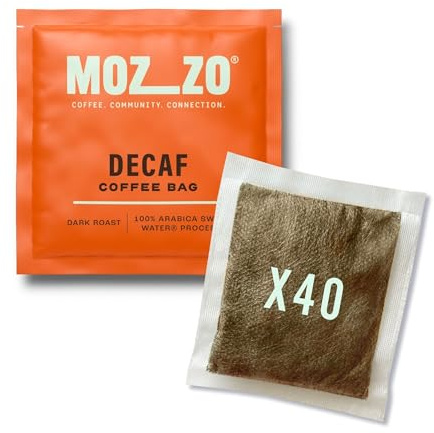 Mozzo Decaf Coffee Bags 40 Pack | Dark Roast Brew-in-Cup Ground Coffee | 100% Arabica Swiss Water Process Coffee Bags | Individually Wrapped