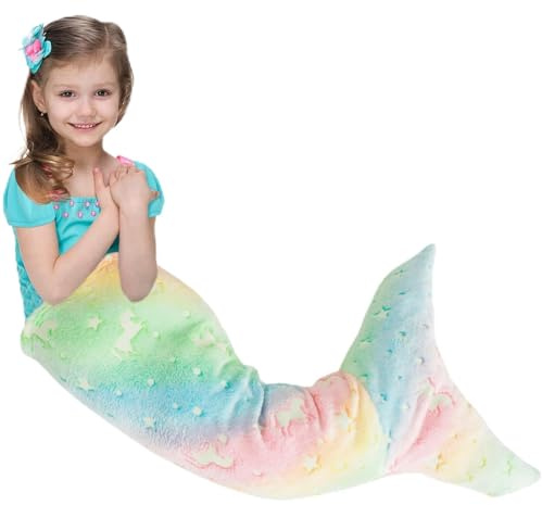 Eyoulife Meerjungfrau Decke 100×50cm Luminöse Flanell Meerjungfrauenflosse Mädchen Decke Meerjungfrau Schlafsack Mädchen, für Geburtstage Weihnachten Halloween Kindertagsgeschenke