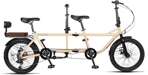 20-Zoll-faltbares Tandemfahrrad Für Erwachsene,7-Gang-3-Sitzer-Eltern-Kind-Fahrrad,verstaubarer Kofferraum,Doppelscheibenbremsen,Urban Beach Cruiser-Fahrrad,malerisches Sightseeing-Auto,Beige-20in