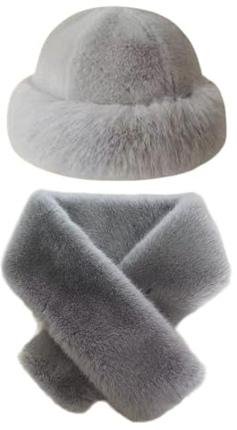 Bonnet de ski chaud avec écharpe, Bonnet d'hiver coupe-vent thermique unisexe en fausse fourrure - Ensemble d'écharpes à poils longs - Chapeau de trappeur d'hiver moelleux pour randonnée (Gris)