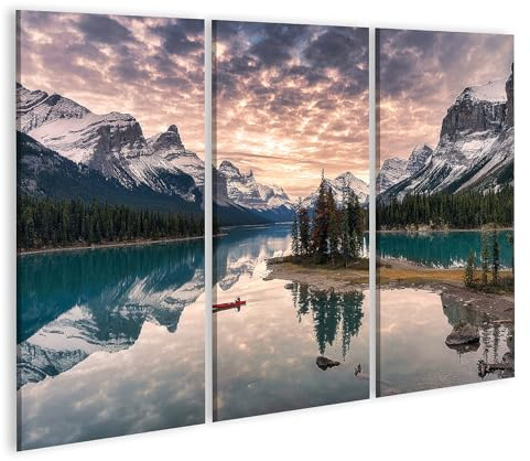 islandburner Leinwandbild Reisende Kanufahrer Rocky Mountain Reflexion Maligne Lake Spirit Islan - Leinwand 130x80cm - 3 Teile