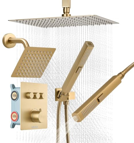 VEVOR Ensemble de Robinetterie de Douche, Système de Douche Thermostatique 3 Fonctions, Pommeau Haut à Effet Pluie 30,5 cm, Pommeau Mural et Douchette à Main 2-en-1, pour Salle de Bain, Or Brossé