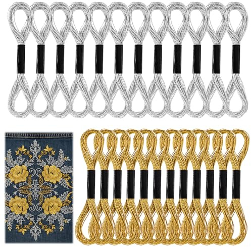 Elegaperma 24 fili da ricamo per punto croce, filo da ricamo dorato metallizzato, per cucito, artigianato, forniture artistiche (oro, argento)