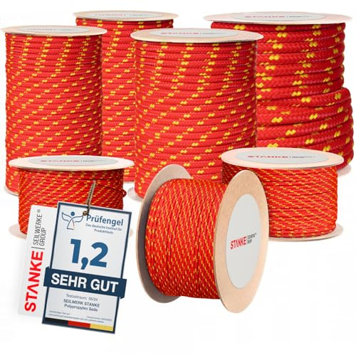 Seilwerk STANKE Polypropylenseil 10mm 100m Rot mit gelben Akzenten - Tomatenpflanzen Aufhängeseil - Seil für Landwirtschaft, Gartenbau - Reißfeste Bauschnur, Reepschnur